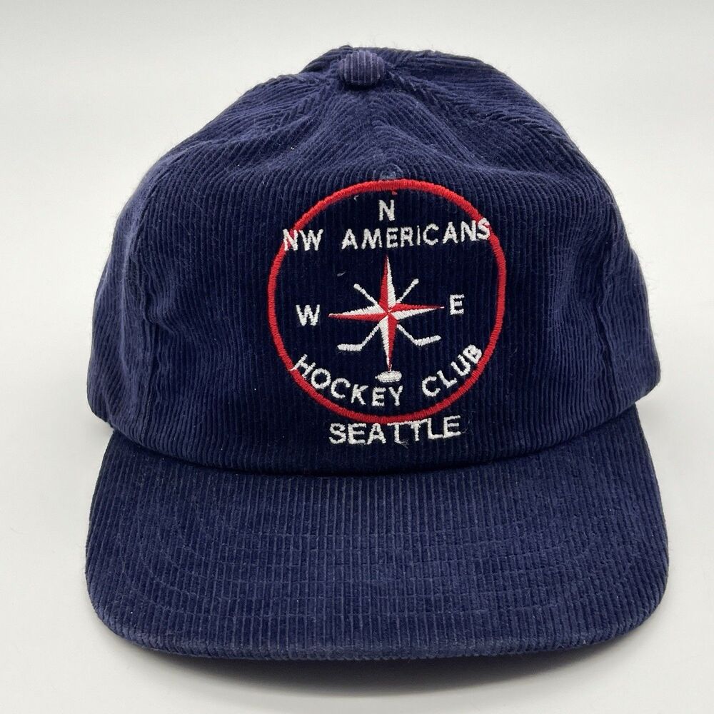VTG 90’S HAT NW AMERICANS HOCKEY CLUB SEATTLE SNAPBACK BLUE CORDUROY